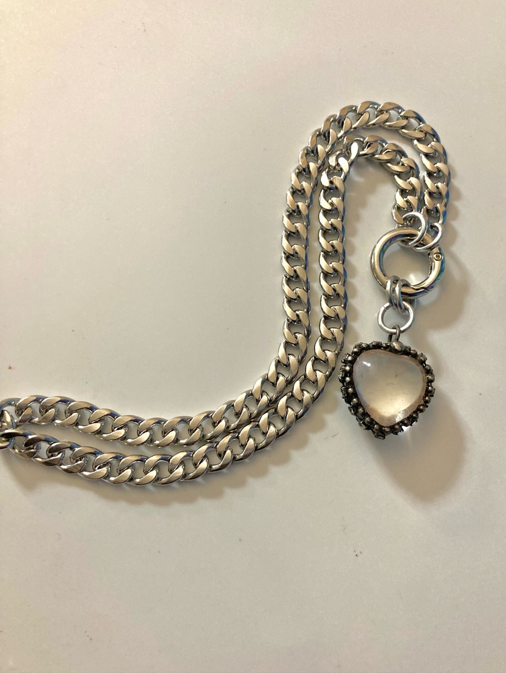 Genuine clear crystal quartz heart on cuban chain choker silver necklace - Picture 10 of 14